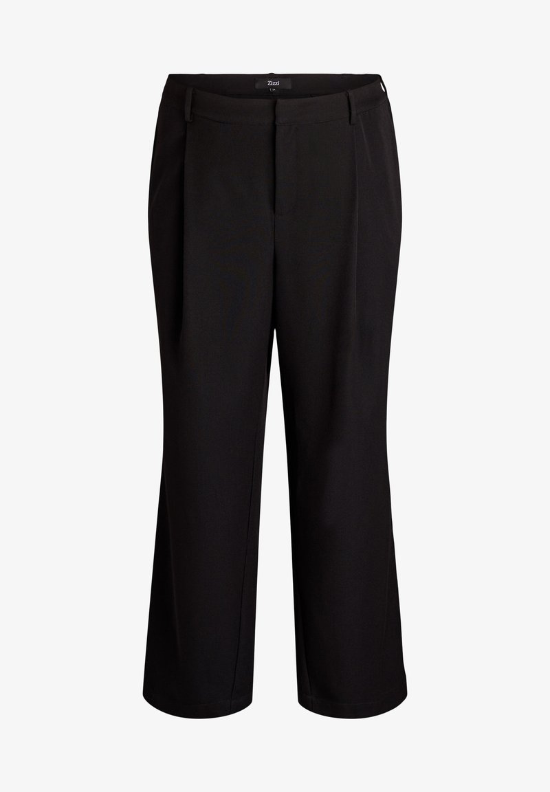 Črne hlače s ravnim krojem, ki imajo ravno sprednjo stran, zanka za pas in gladko teksturo. Čist, minimalističen videz.