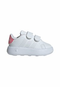 White sneakers with a smooth synthetic upper, featuring two Velcro straps, perforated accents, and a pink heel detail. Rounded sole.