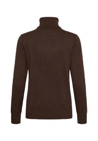 Pull à col roulé tricoté marron foncé à manches longues avec poignets et ourlet côtelés, vu de dos sur fond blanc.