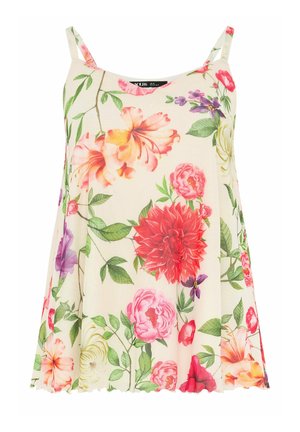 Cremefarvet spaghetti-top med store, farverige blomsterprint i rødt, pink, orange, lilla og grønne blade.