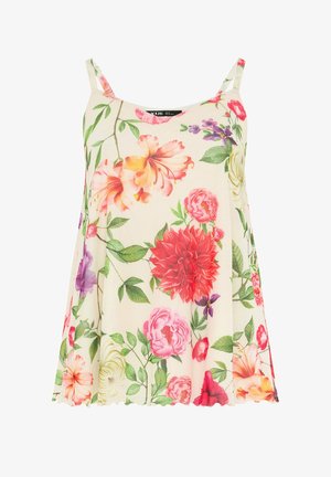 Cremefarvet spaghetti-top med store, farverige blomsterprint i rødt, pink, orange, lilla og grønne blade.