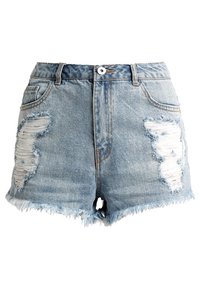 Džínové šortky světle modré barvy s opranými oblastmi, neupraveným lemem a pětipracovým střihem. Kovové zapínání na knoflík a poutka na pásek.