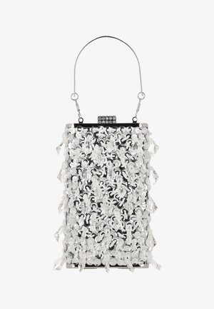 Klar akrylaften taske med metal-sølv accenter, der har et dekorativt perlebesat design og et håndtag for nem bæring.