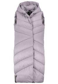 Ljus lavendel puffer-väst med huva, med chevron-quilting och fickor, tillverkad av ett mjukt, glänsande material. Stilig, modern design.