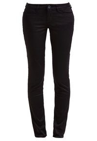 Pantalon noir slim avec poches avant et arrière, fermeture à boutons et passants pour ceinture, présenté de face sur un fond blanc.