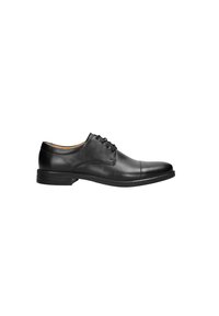 Scarpa da uomo in pelle nera, con punta arrotondata, tacco basso e sei occhielli per i lacci; texture liscia e dettagli di cucitura minimi.
