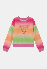 Różowy, zielony i pomarańczowy gradientowy sweatshirt z trójkątnym logo "GUESS?" pośrodku. Długie rękawy i różowy ściągacz. Materiał z mieszanki bawełny.