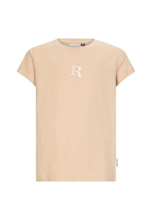 T-shirt in cotone pesca con maniche corte, scollatura rotonda e logo bianco con la lettera "R" sul davanti. Presenta una vestibilità dritta e standard.