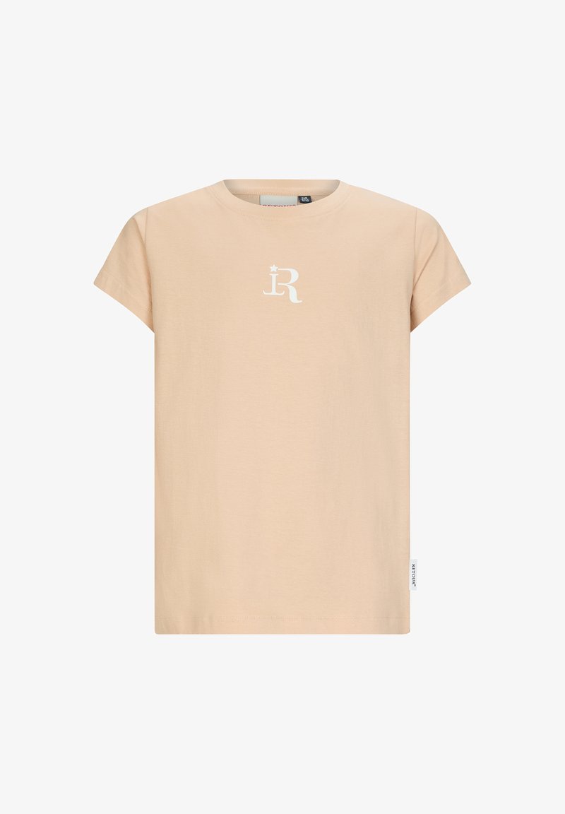 T-shirt in cotone pesca con maniche corte, scollatura rotonda e logo bianco con la lettera "R" sul davanti. Presenta una vestibilità dritta e standard.