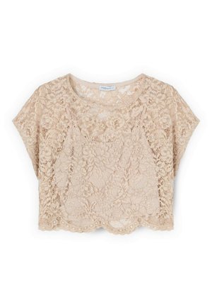 Beżowy krótki top koronkowy z kwiatowym wzorem, krótkimi rękawami, okrągłym dekoltem i falowanym dołem, pokazany na białym tle.