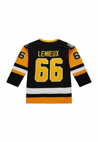 Schwarzes Eishockey-Trikot mit gelben Akzenten, mit "LEMIEUX" und der Nummer "66" auf dem Rücken. Enthält weiße und schwarze Streifen an den Ärmeln.