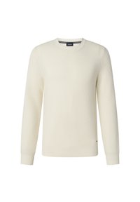 Off-White Pullover mit einem strukturierten diagonalen Muster, Rundhalsausschnitt und gerippten Bündchen und Saum. Hergestellt aus einem weichen Strickmaterial.