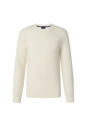 Off-White Pullover mit einem strukturierten diagonalen Muster, Rundhalsausschnitt und gerippten Bündchen und Saum. Hergestellt aus einem weichen Strickmaterial.