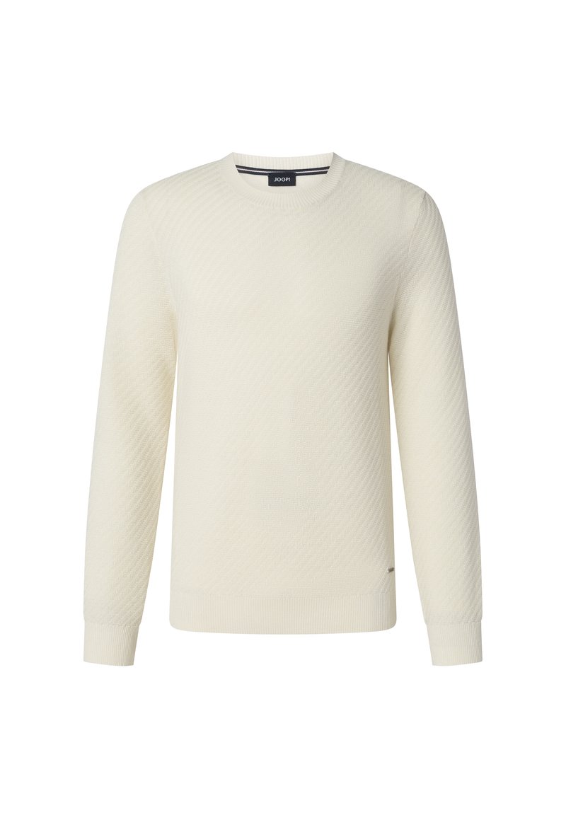 Off-White Pullover mit einem strukturierten diagonalen Muster, Rundhalsausschnitt und gerippten Bündchen und Saum. Hergestellt aus einem weichen Strickmaterial.