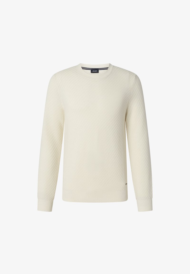 Off-White Pullover mit einem strukturierten diagonalen Muster, Rundhalsausschnitt und gerippten Bündchen und Saum. Hergestellt aus einem weichen Strickmaterial.