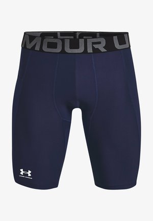 Navy blue athletic shorts made of stretchy material, featuring a black waistband with gray lettering and a white logo on the left leg.