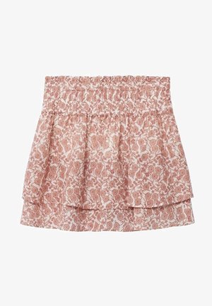 Jupe courte à volants imprimée floral rose et blanche avec ceinture élastique.