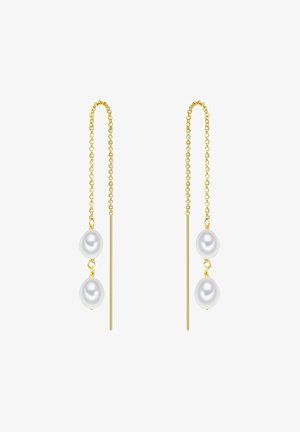 Guldfarvede øreringe med to ovale hvide perler på en delikat kæde, kendetegnet ved et langt, lige stangdesign og glat tekstur.