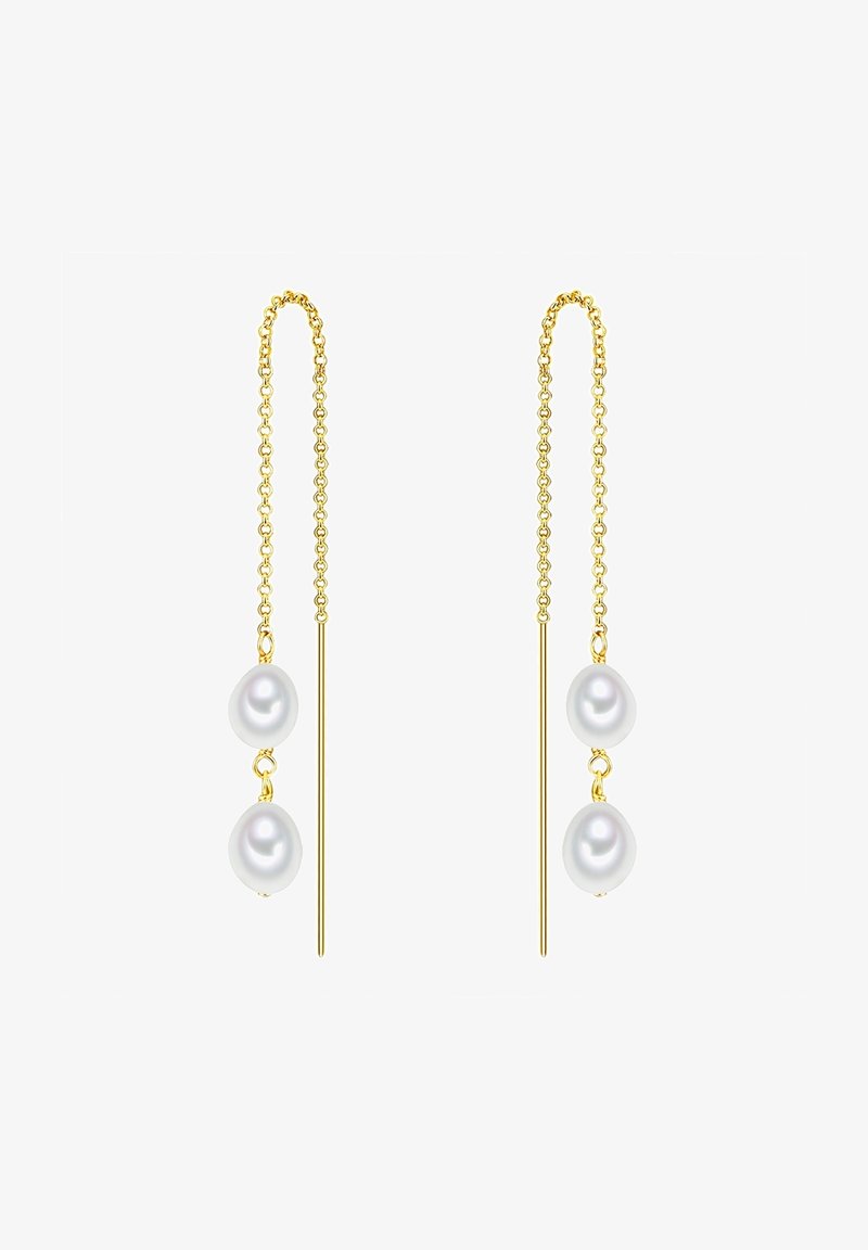 Naušnice zlatnog tona s dva ovalna bijela bisera na delikatnom lancu, karakterizirane dugim, ravnim dizajnom šipke i glatkom teksturom.