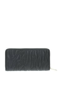 Billetera de cuero negro con un patrón texturizado en forma de olas, cierre con cremallera y tirador de cremallera en tono plateado. Forma rectangular compacta.