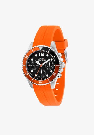 Orologio sportivo nero e arancione con cinturino in gomma, lunetta argentata, funzionalità cronografo, numeri bold e superficie liscia.