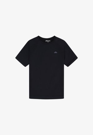 Čierne tričko s krátkym rukávom a okrúhlym výstrihom, s malým tmavosivým logom ellesse na ľavej strane hrudníka.