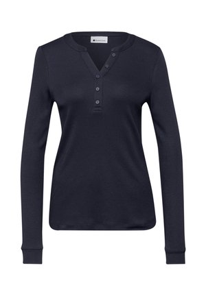 Donkerblauw navy henley-shirt met lange mouwen, vijf knopen en een afgeronde V-hals, gemaakt van zachte stof.