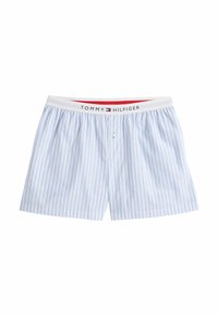 Light blue and white striped boxers with elastic waistband featuring "TOMMY HILFIGER" logo. Made from soft, breathable fabric.