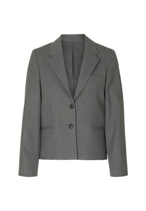 Grijze blazer met een notch kraag, enkelvoudige knoopsluiting, twee voorzakken en een slanke, textuurstof. Getailleerde fit, lange mouwen.