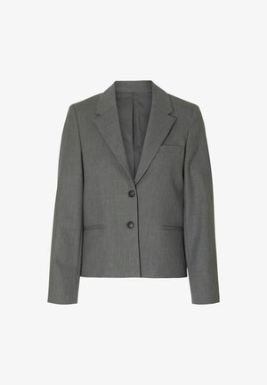 Blazer gris avec un col cranté, fermeture à un bouton, deux poches avant et un tissu lisse et texturé. Coupe ajustée, manches longues.