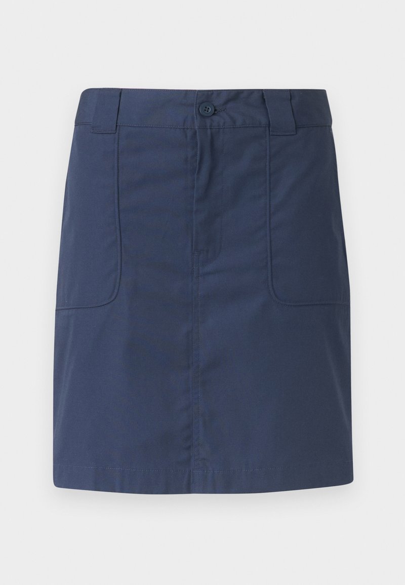 Gonna in cotone blu navy con bottoni frontali e passanti per cintura, dotata di due grandi tasche a toppa anteriori e orlo dritto.