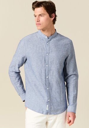 Blue striped long-sleeve shirt made of lightweight fabric with a mandarin collar and button closure; features a smooth texture and tailored shape.