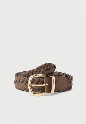 Brown braided belt made of soft material with a gold-tone metal buckle. Features a flat end and stitched accents for durability.