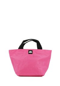 Borsa tote rosa con manici neri, realizzata in tessuto resistente. Caratterizzata da un'etichetta con logo sulla parte frontale e da un design spazioso e senza chiusura.