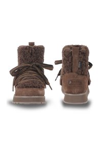 Brown ankle boots with a fuzzy texture, suede accents, and braided laces. Features a looped heel tab and logo detail on the side.
