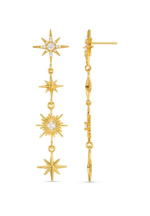 Cercei lungi de culoare aurie, cu design-uri în formă de stea, accente de cristal și un lanț texturat. Măsoară aproximativ 7,5 cm lungime.
