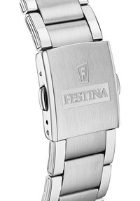 Sidabrinė nerūdijančio plieno laikrodžio kvadratinis korpusas. Šlifuotas paviršiUS, su "Festina" logotipu ir paprasto dizaino užsegimu.