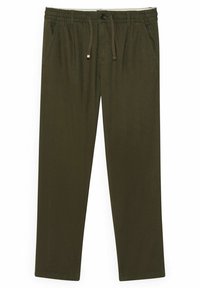 Olive zielone spodnie z elastycznym pasem, sznurkiem do regulacji oraz bocznymi kieszeniami; wykonane z miękkiego materiału; prosty krój nogawek z ozdobnym przeszyciem.