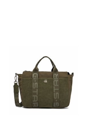 Olivgrüne Tote-Tasche mit zwei kurzen Griffen, einem abnehmbaren Schultergurt und vertikalem G-STAR-Branding auf den vorderen Trägern.