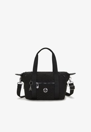 Sac à main noir en tissu durable avec une forme structurée, doté de deux anses supérieures, d'une bandoulière amovible et d'accents en métal argenté.