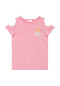 Rosa Baumwoll-T-Shirt mit kaltem Schulterdesign und kurzen Ärmeln. Auf der Brust befindet sich ein Grafik eines Quallen in Orange- und Minttönen.