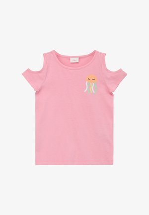 Rosa Baumwoll-T-Shirt mit kaltem Schulterdesign und kurzen Ärmeln. Auf der Brust befindet sich ein Grafik eines Quallen in Orange- und Minttönen.