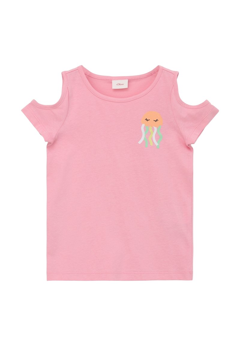 Rosa Baumwoll-T-Shirt mit kaltem Schulterdesign und kurzen Ärmeln. Auf der Brust befindet sich ein Grafik eines Quallen in Orange- und Minttönen.