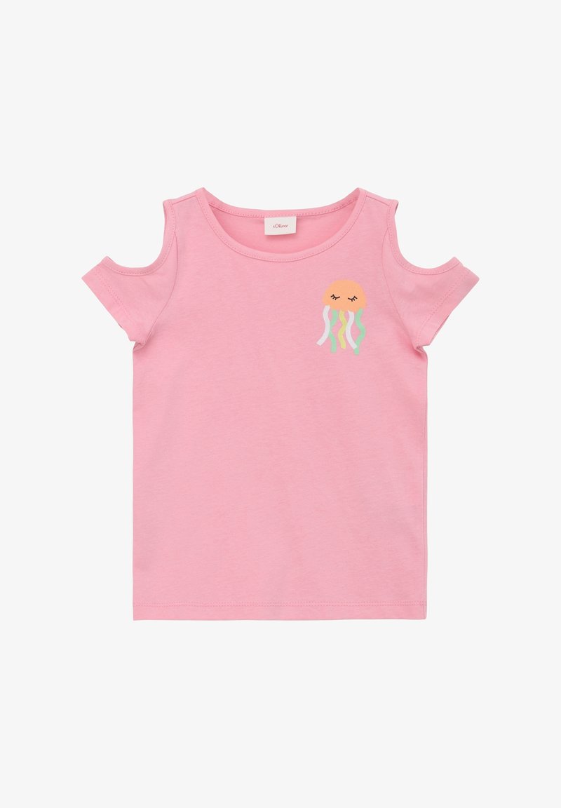 Roze katoenen T-shirt met cold shoulder ontwerp en korte mouwen. Heeft een kwal grafiek in oranje en mint kleuren op de borst.