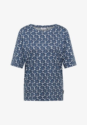 Wit overhemd met korte mouwen, voorzien van een marineblauw schelpenpatroon en een ronde halslijn.