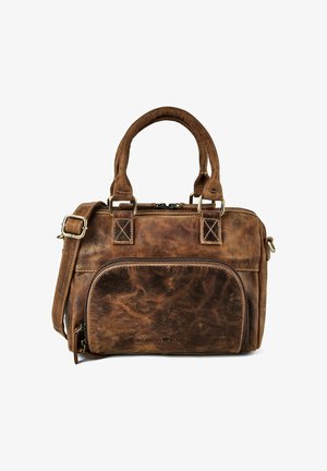 Sac à main en cuir marron vieilli avec doubles poignées, bandoulière réglable, poche avant zippée et détails en laiton.