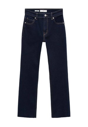 Dark blue denim jeans with a straight leg design, featuring orange stitching, five pockets, and a metal button closure at the waist.