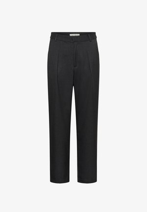 Mustad mustriga püksid, millel on kõrge vöökoht, voltide ja sirge jala disain. Nähtavad taskud või kaunistused puuduvad.