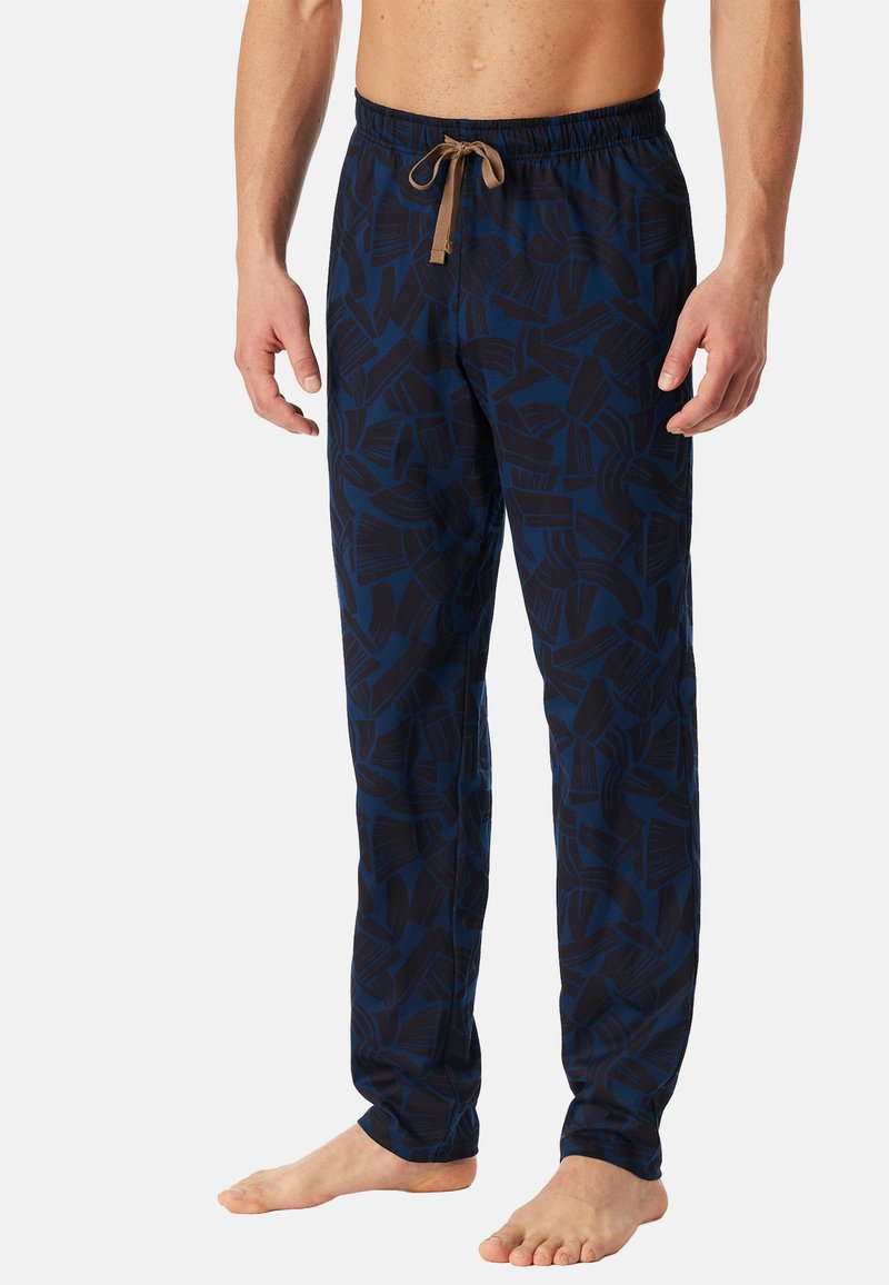 Tmavě modré pyžamové kalhoty s listovým vzorem, vyrobené z lehké látky, s elastickým pasem a hnědým šňůrkovým stahováním, volného střihu.