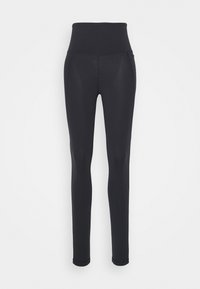 Svarte leggings med høy midje, laget av elastisk stoff. Har en jevn tekstur og en tettsittende design. Ingen synlige sømmar eller logoer.